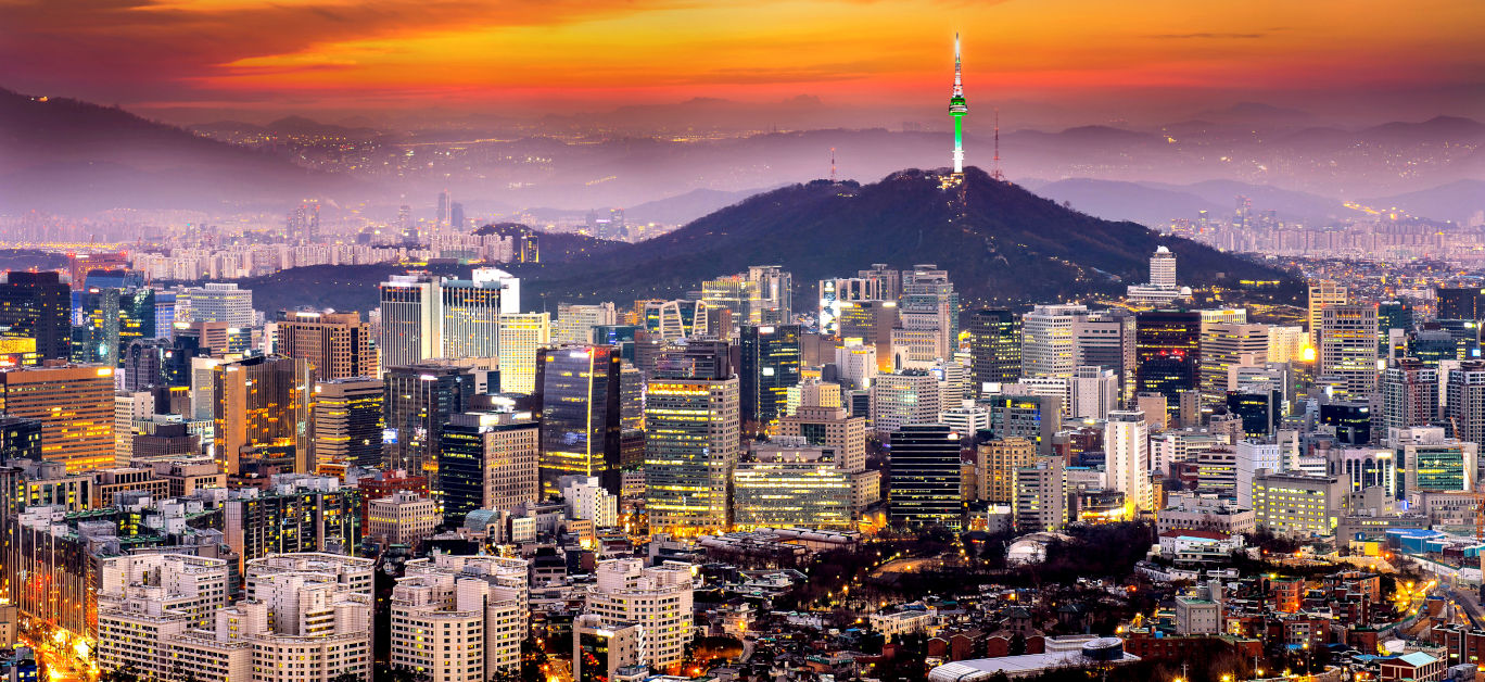 View of downtown cityscape and Seoul tower in Seoul South Korea.