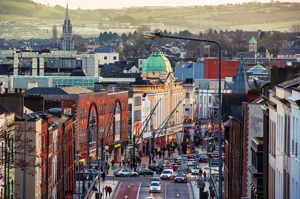 Cork Ireland city center with various shops bars and restaurants