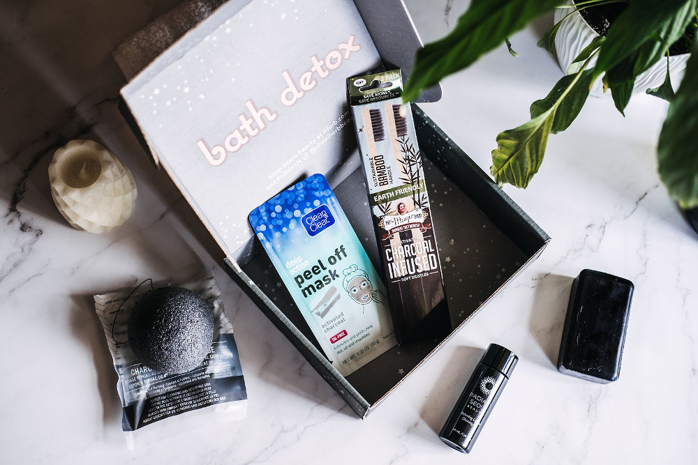 Bath detox beauty box with black charcoal cosmetic and beauty devices