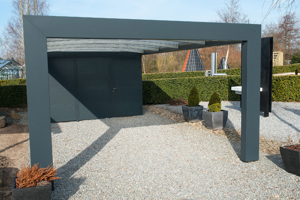 Modern carport car garage parking made from black metal and glass