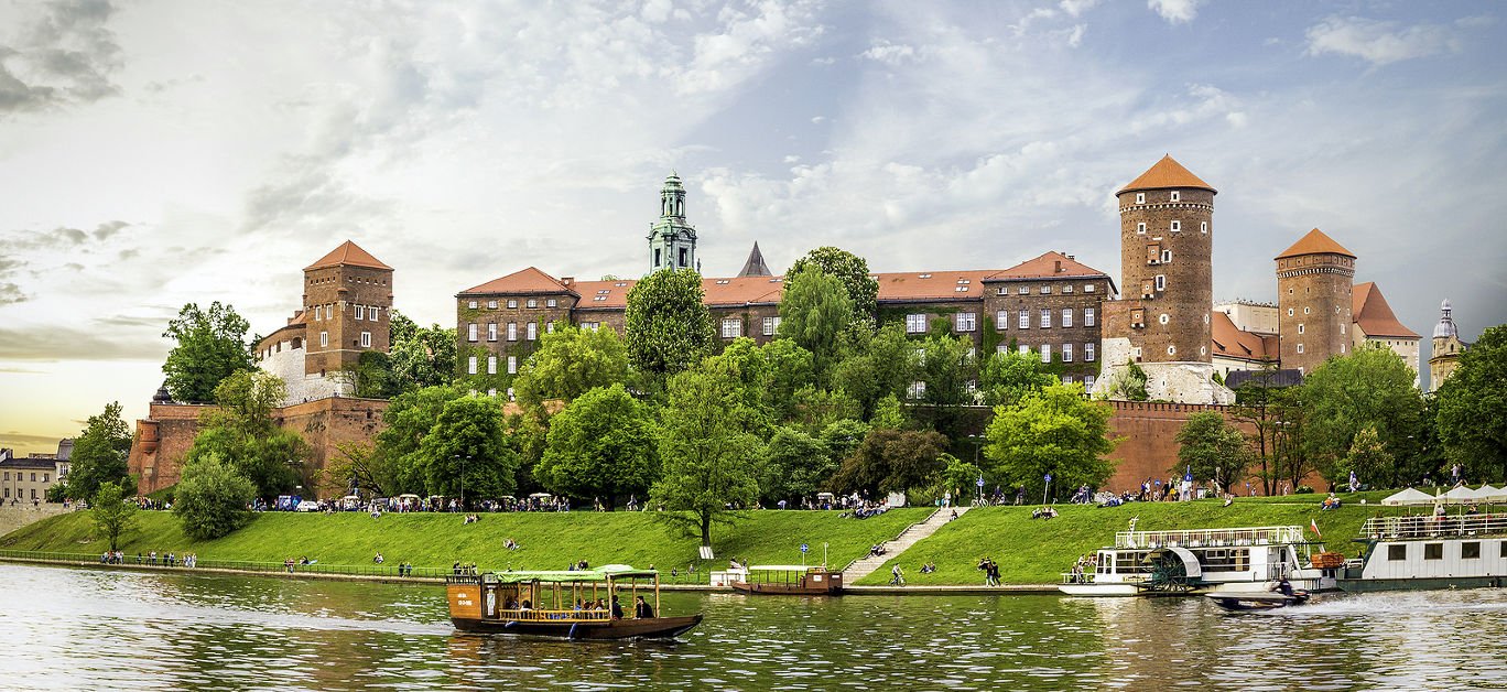 Panorama of antique royal Wawel castle and Vistula river in Cracow ( Krakow ) Poland