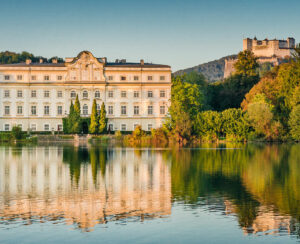 Famous Schloss Leopoldskron, location to Karl Lagerfeld's Paris-Salzburg catwalk presentation show to showcase the new Chanel Métiers d'Art 2014/15 fashion collection, in Salzburg, Austria at sunset