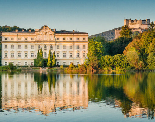 Famous Schloss Leopoldskron, location to Karl Lagerfeld's Paris-Salzburg catwalk presentation show to showcase the new Chanel Métiers d'Art 2014/15 fashion collection, in Salzburg, Austria at sunset