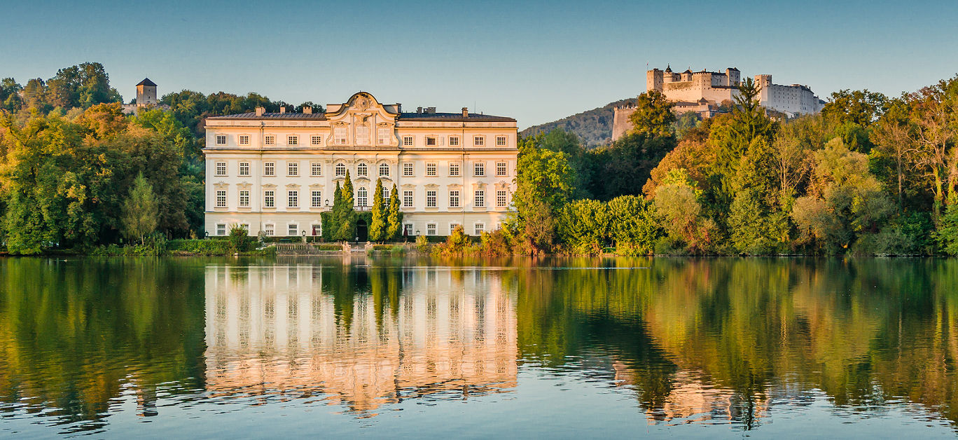 Famous Schloss Leopoldskron, location to Karl Lagerfeld's Paris-Salzburg catwalk presentation show to showcase the new Chanel Métiers d'Art 2014/15 fashion collection, in Salzburg, Austria at sunset