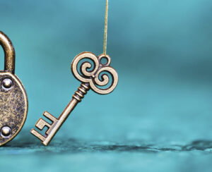 Escape room game banner, old vintage key and padlock on a blue background.