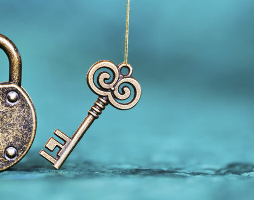 Escape room game banner, old vintage key and padlock on a blue background.