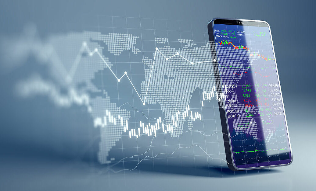 financial graph and technology element on mobile phone 3d rendering represent Blockchain and mobile Financial Investment .