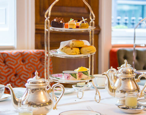 Classical London afternoon tea with english breakfast in a luxury hotel.