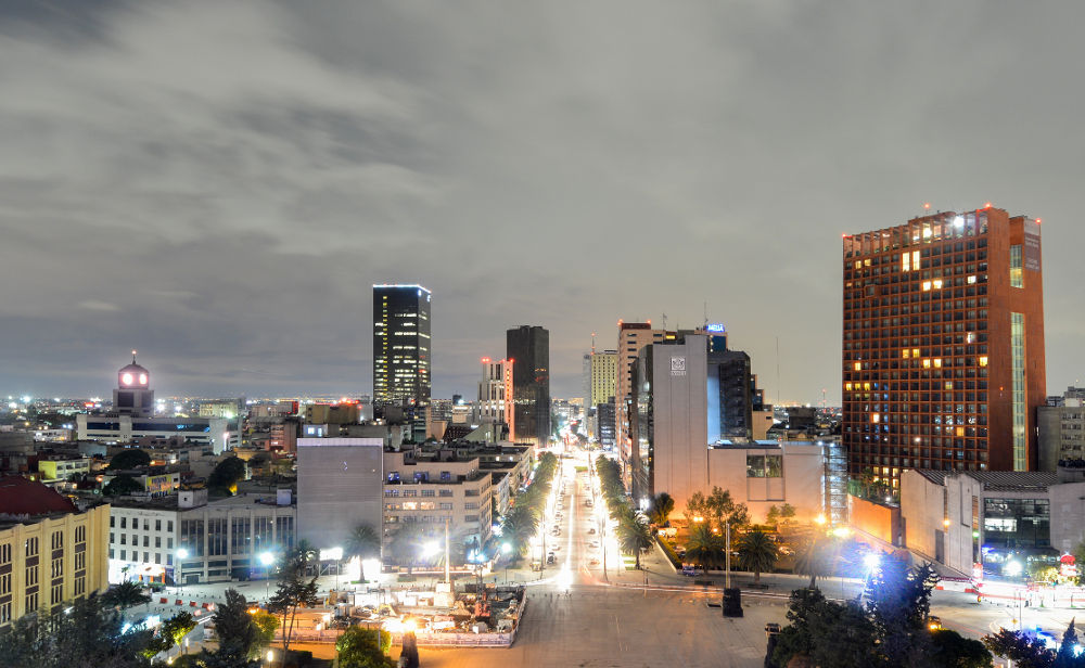 Mexico City Skyline at night from the Monument to the Mexican Revolution.