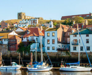 Scenic view of Whitby city in sunny autumn day