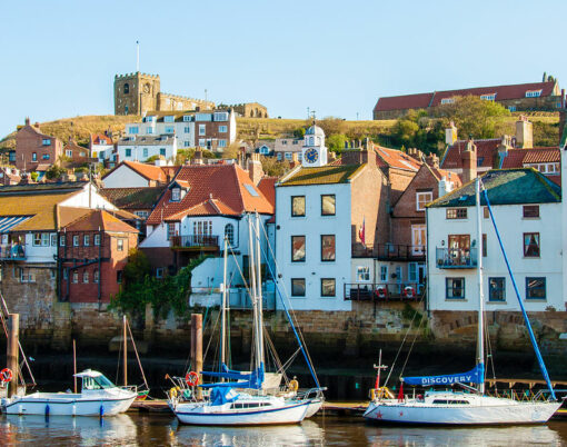 Scenic view of Whitby city in sunny autumn day