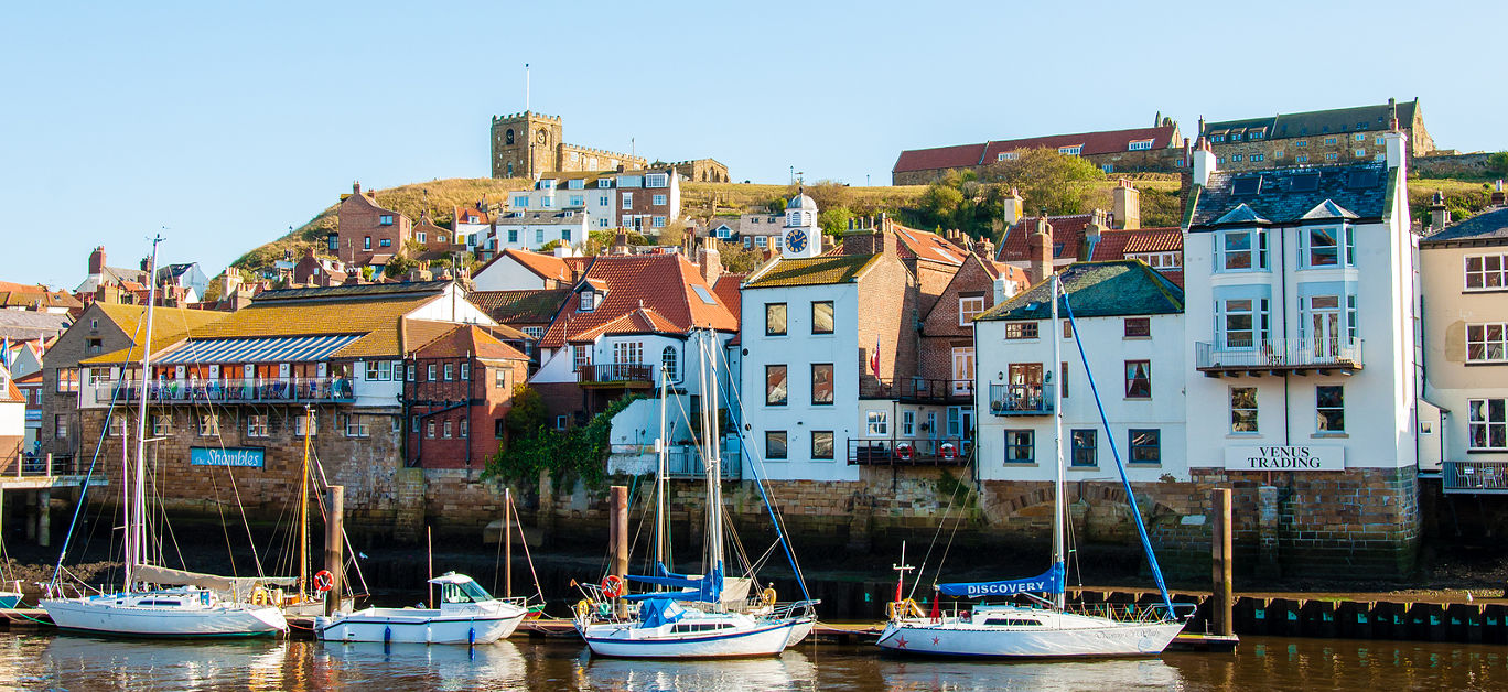 Scenic view of Whitby city in sunny autumn day