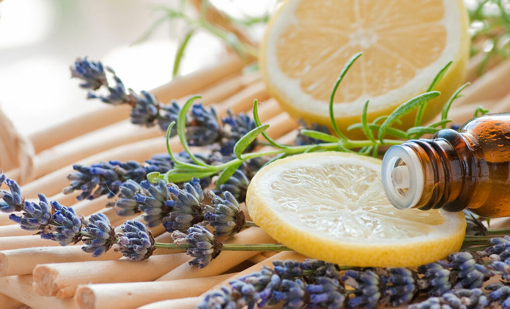 still life with natural essential oil bottle