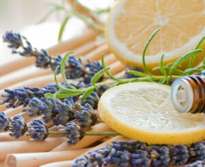 still life with natural essential oil bottle