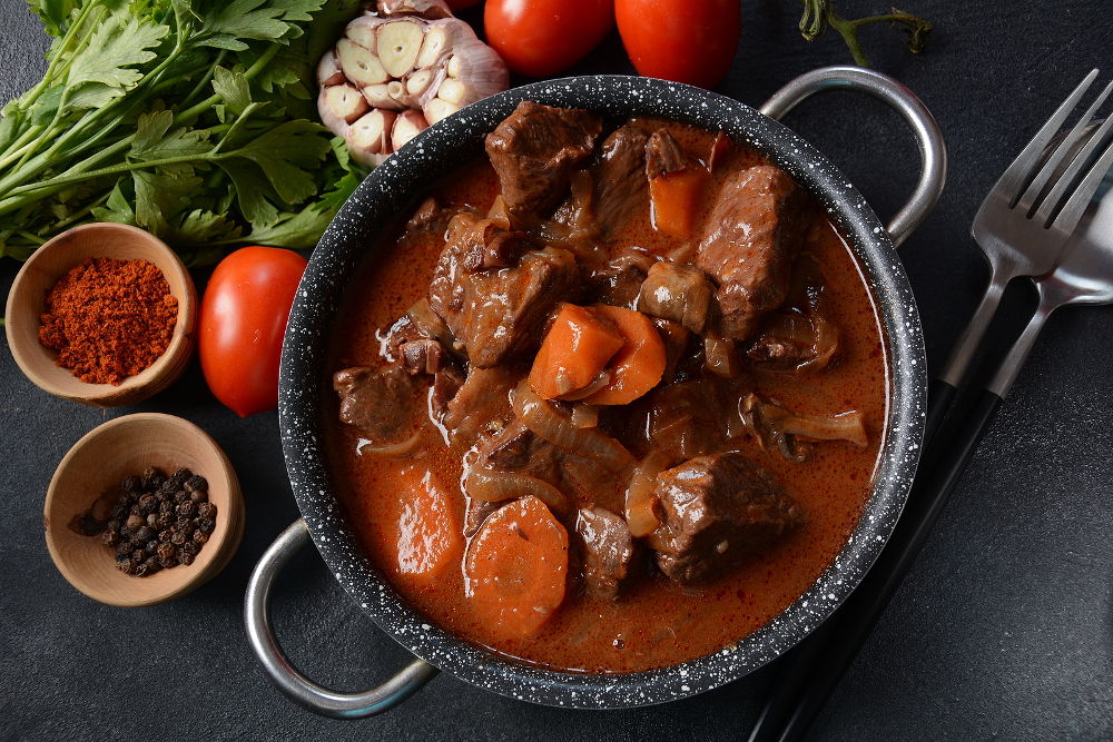 Beef Bourguignon in a pan