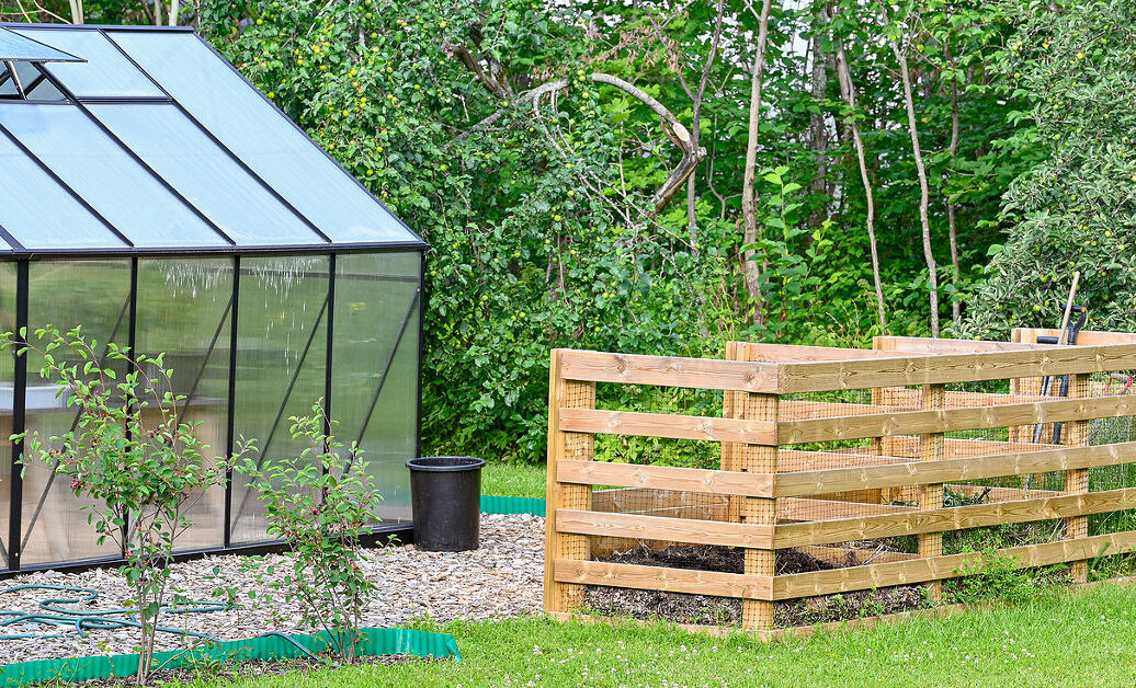 big garden compost and green house in garden