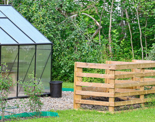 big garden compost and green house in garden