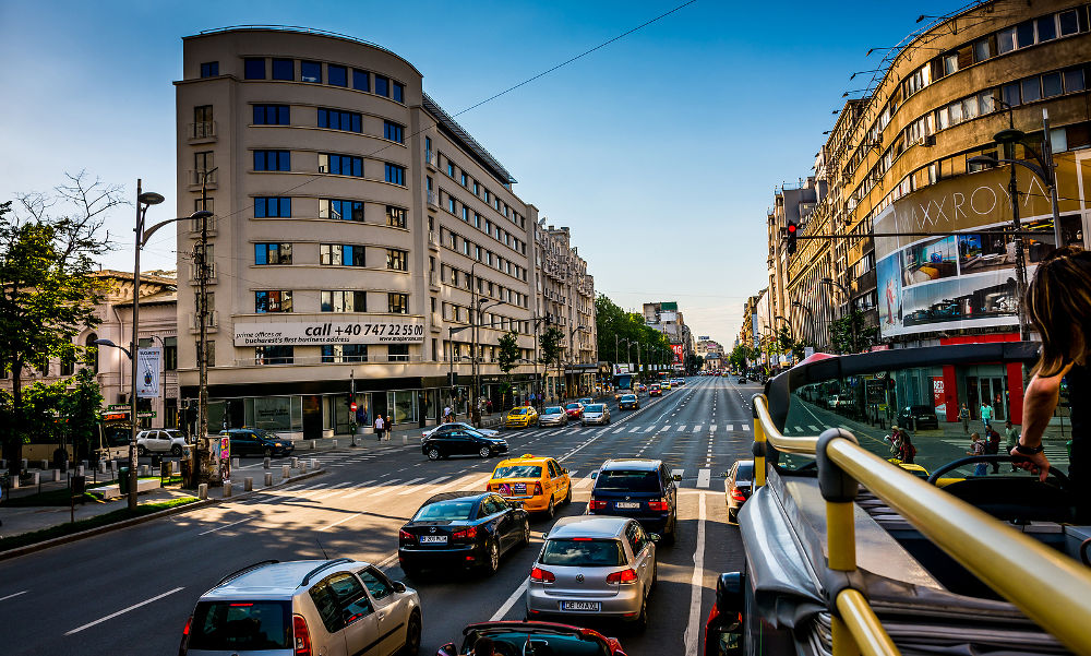 City bus touring on Magheru Boulevard Bucharest Romania.