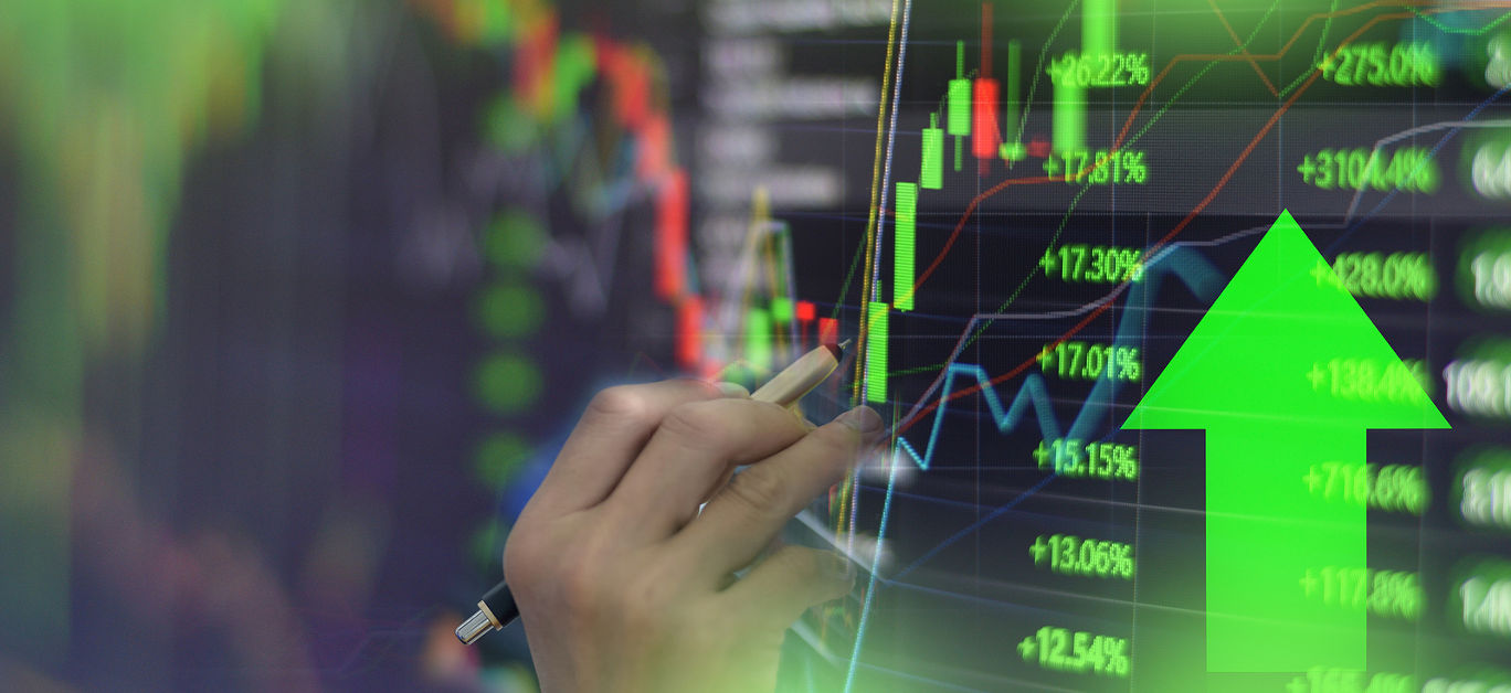 Green stock market graph chart with indicator investment trading stock exchange trading market monitor screen close up