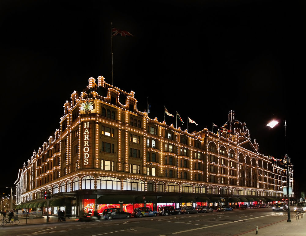 Harrods luxury department store with illuminated decorations for Christmas season