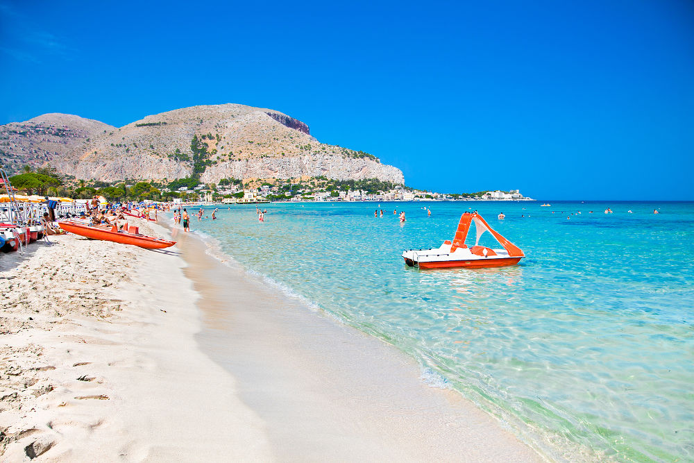 Mondello white sand beach in Palermo, Sicily. Italy.