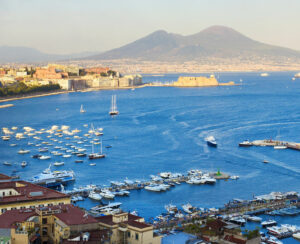 Panorama of Naples view of the port in the Gulf of Naples and Mount Vesuvius