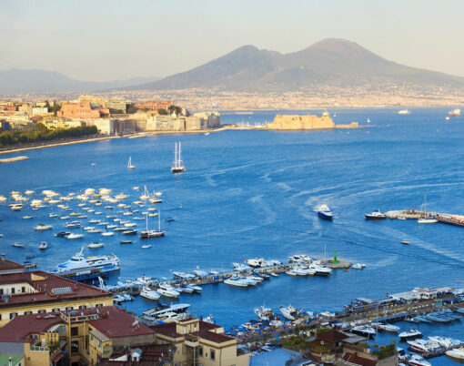 Panorama of Naples view of the port in the Gulf of Naples and Mount Vesuvius