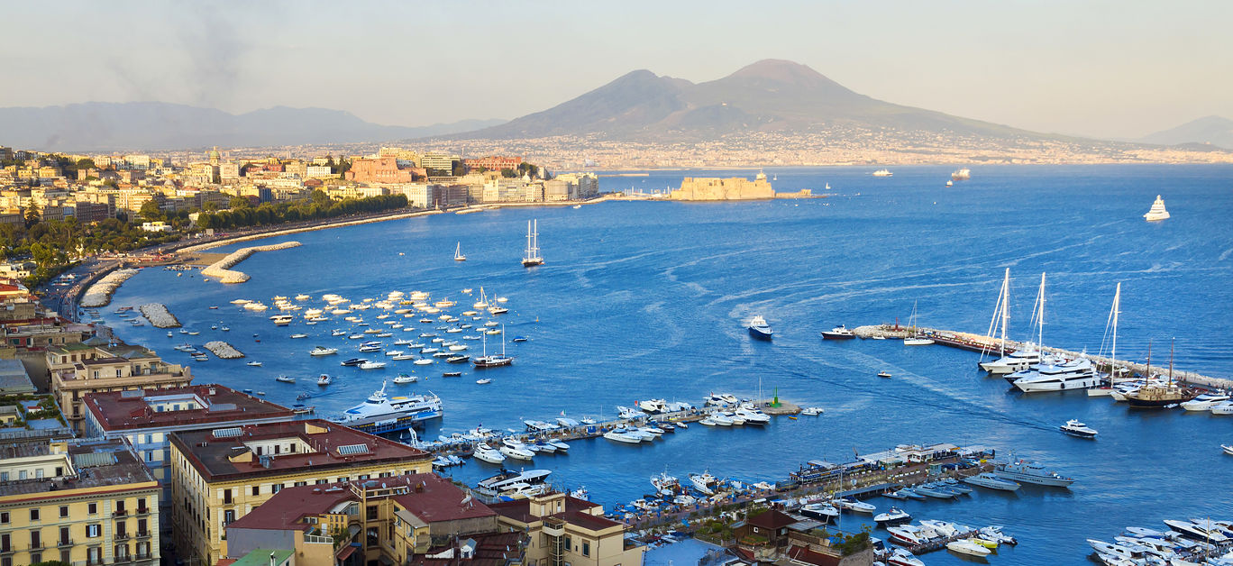 Panorama of Naples view of the port in the Gulf of Naples and Mount Vesuvius