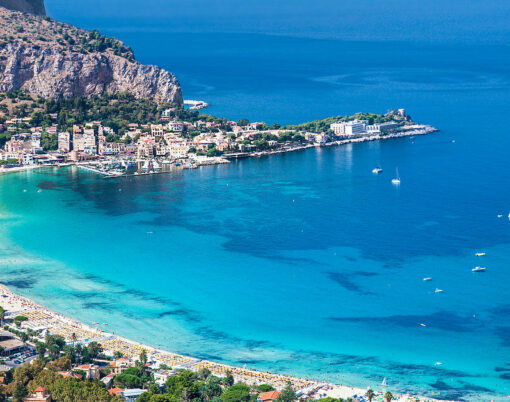 Panoramic view on Mondello white sand beach in Palermo, Sicily. Italy.