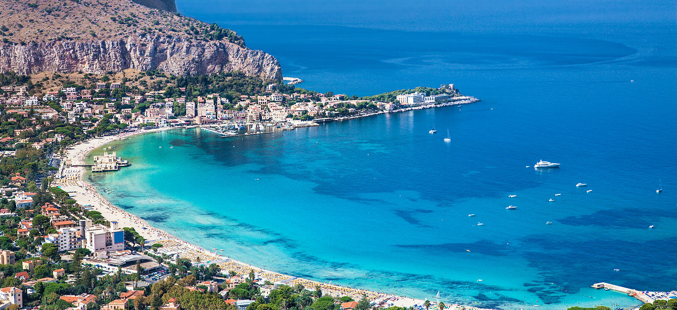 Panoramic view on Mondello white sand beach in Palermo, Sicily. Italy.