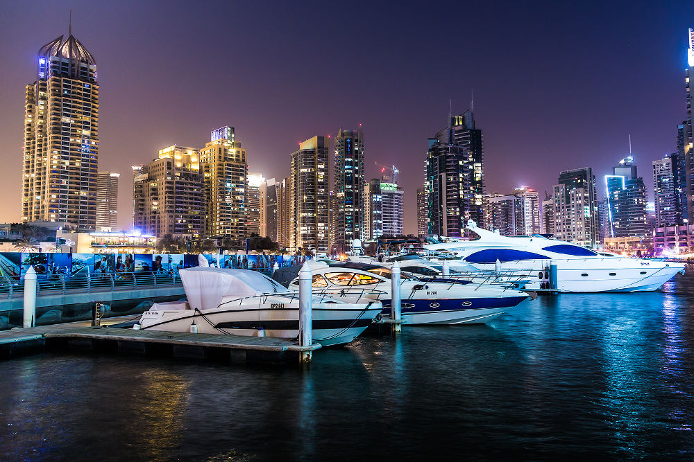 Dubai downtown night scene with city lights luxury new high tech town in middle East