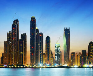 Modern buildings in Dubai Marina by night, Dubai, UAE