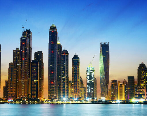 Modern buildings in Dubai Marina by night, Dubai, UAE