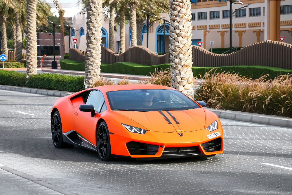 Italian sportscar Lamborghini Huracan in the city street.