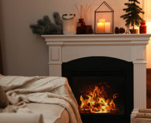 Fireplace in room with Christmas decorations. Interior design