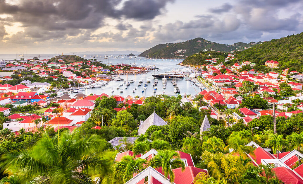 Gustavia, St. Barths town skyline in the Carribean at dusk.