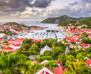 Gustavia, St. Barths town skyline in the Carribean at dusk.