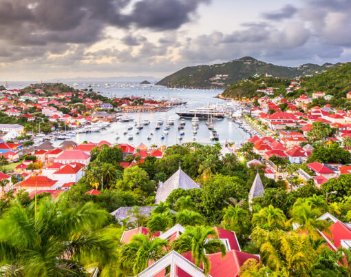 Gustavia, St. Barths town skyline in the Carribean at dusk.