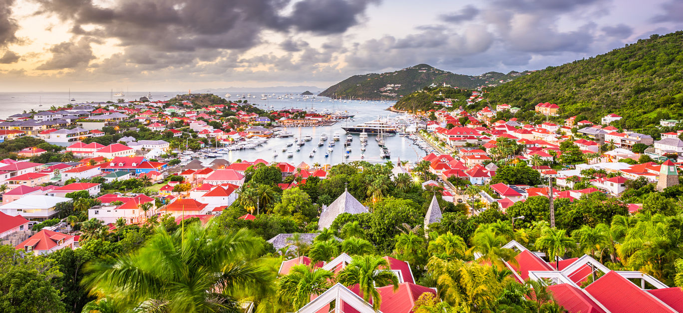 Gustavia, St. Barths town skyline in the Carribean at dusk.