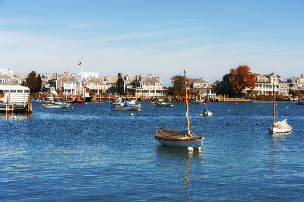 Harbour Boats in quiet and calm Sunrise in Nantucket Island