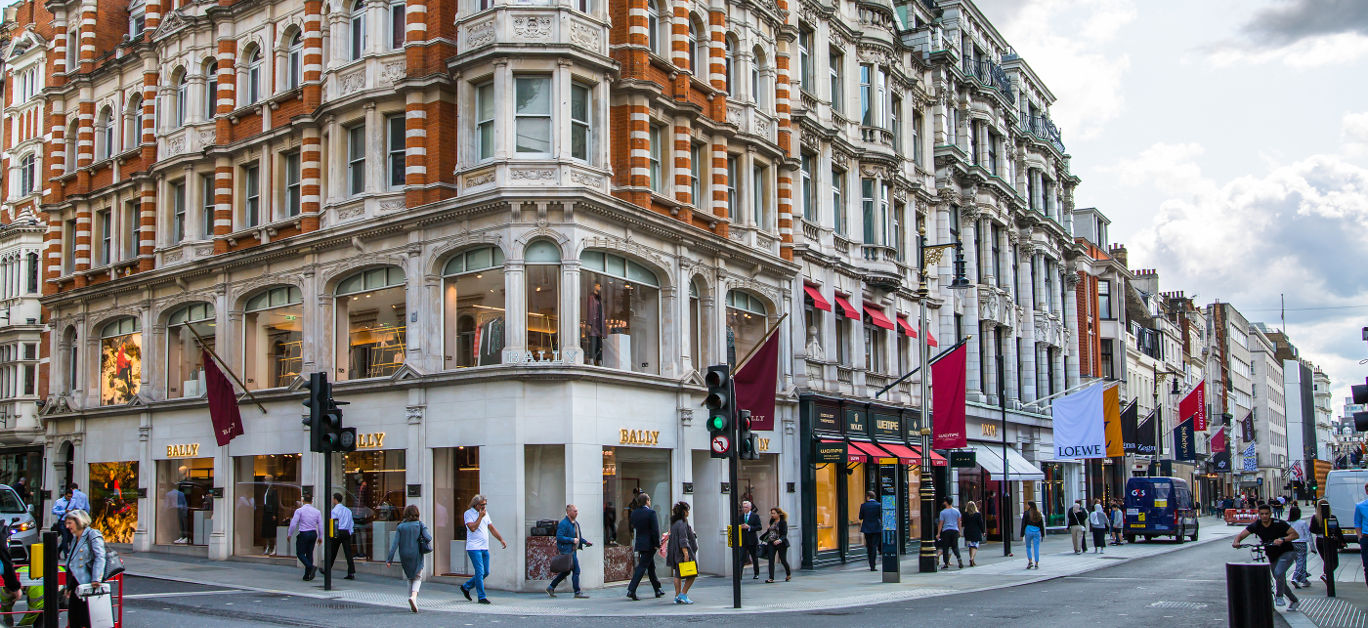 Old Bond street view with flags of famous fashion houses