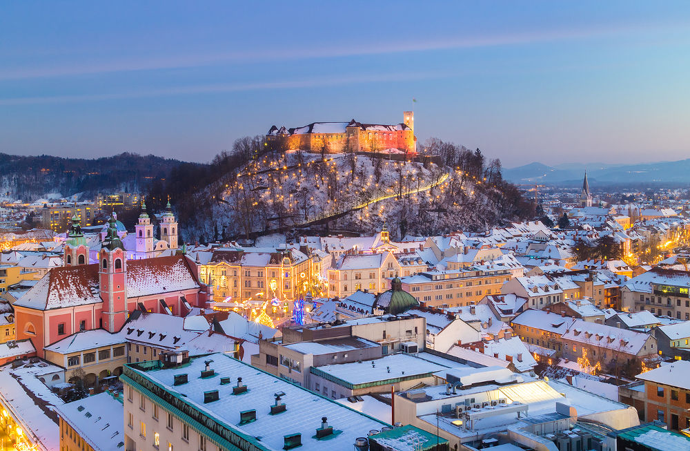 Aerial panoramic view of Ljubljana decorated for Christmas holidays