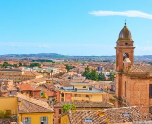 Panoramic view of small italian town Santarcangelo di Romagna, E