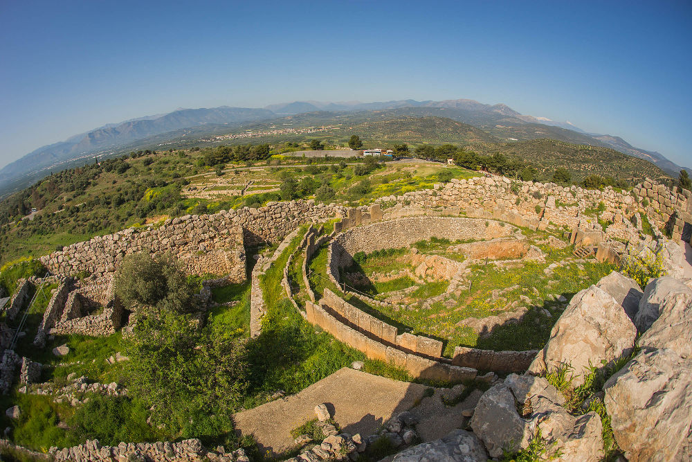 Ruins of ancient Greek buildings in Mycenae on Peloponnese in Greece