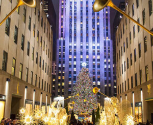 Rockefeller Center all decorated surrounding the newly lit Christmas tree on December 5 2013.