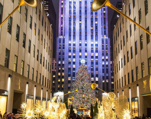 Rockefeller Center all decorated surrounding the newly lit Christmas tree on December 5 2013.