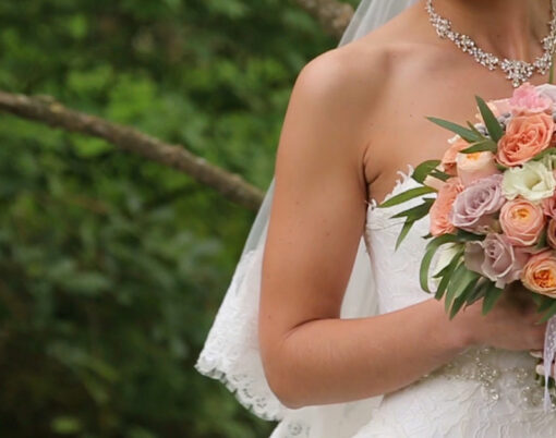 Bride with flowers in hand outdoors in summer or winter