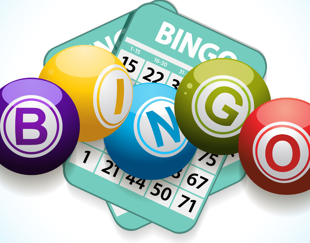 Bingo balls and cards on a white and blue background