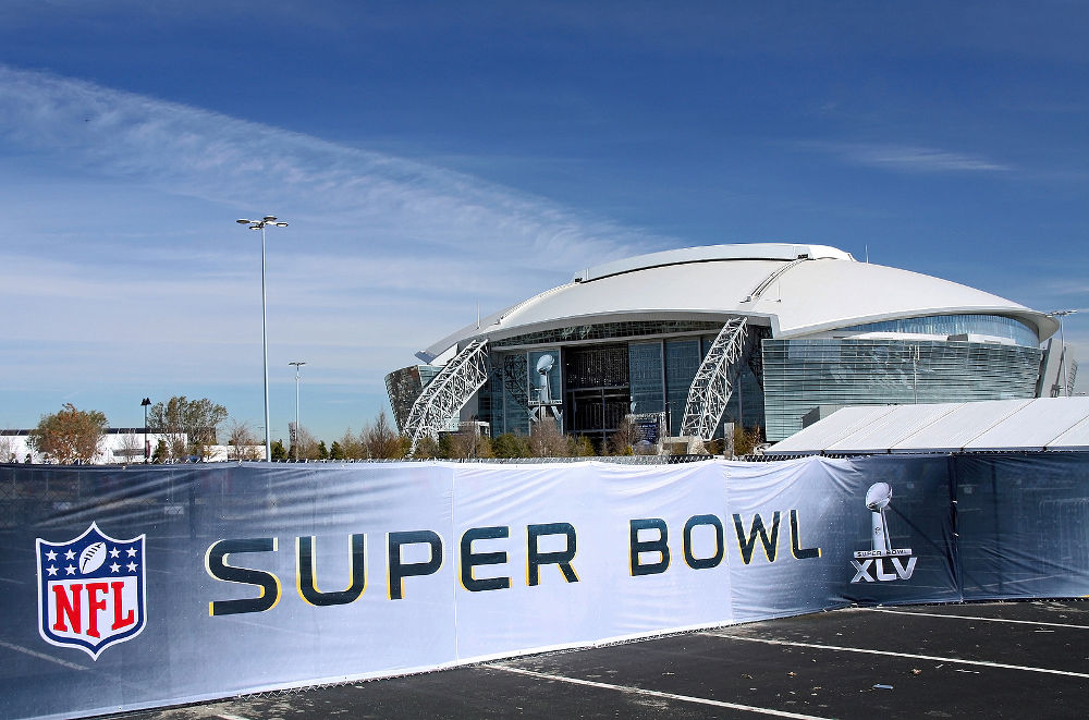 A view of Cowboys Stadium in Arlington Texas and Super Bowl XLV sign. Taken January 26 2011 in Arlington TX.