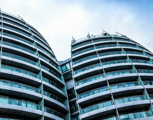 View detail of the bulbous architecture of the Bezier Apartments on Old street and City road